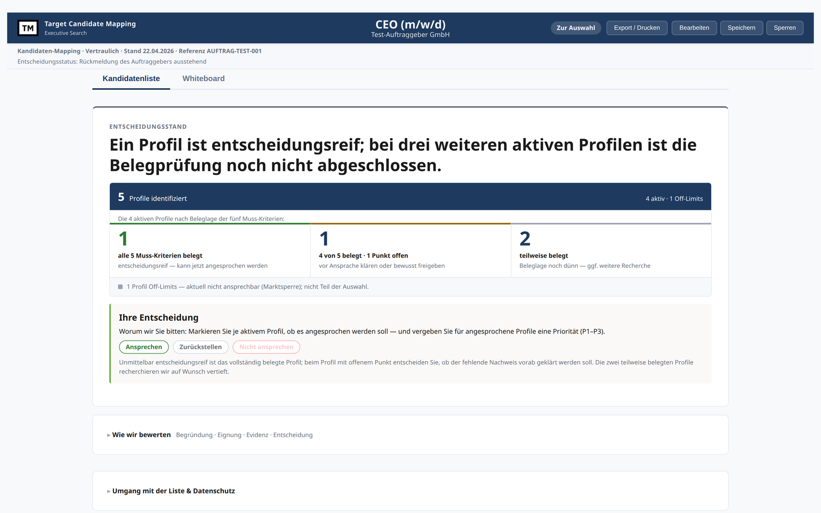 Aktuelle TCAM-Musterliste (Version 2.1): anonymisiertes Kandidaten-Mapping mit Entscheidungsstand, im Browser